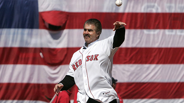 Former Boston Red Sox first baseman Bill Buckner throws out the ceremonial first pitch for the home Opening Day baseball game against the Detroit Tigers in Boston, Tuesday April 8, 2008. (AP Photo/Steven Senne, Pool)