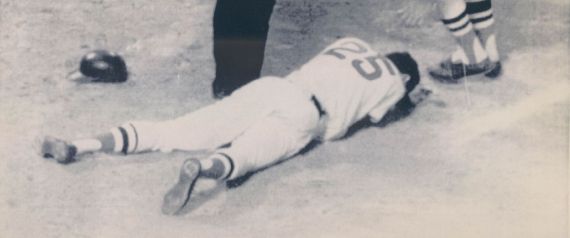 AUG 23 1992; Special to the Denver post, Attn: Jerry Cleveland -- This is and Aug. 19. 1967 file photo of Boston Red Sox outfielder Tony Conigliaro, on the ground after being beaned by California A's Pitcher Jack Hamilton at Fenway Park in Boston. Red Sox Rico Petrocelli is coming to his aid. 1987 (Photo By The Denver Post via Getty Images)